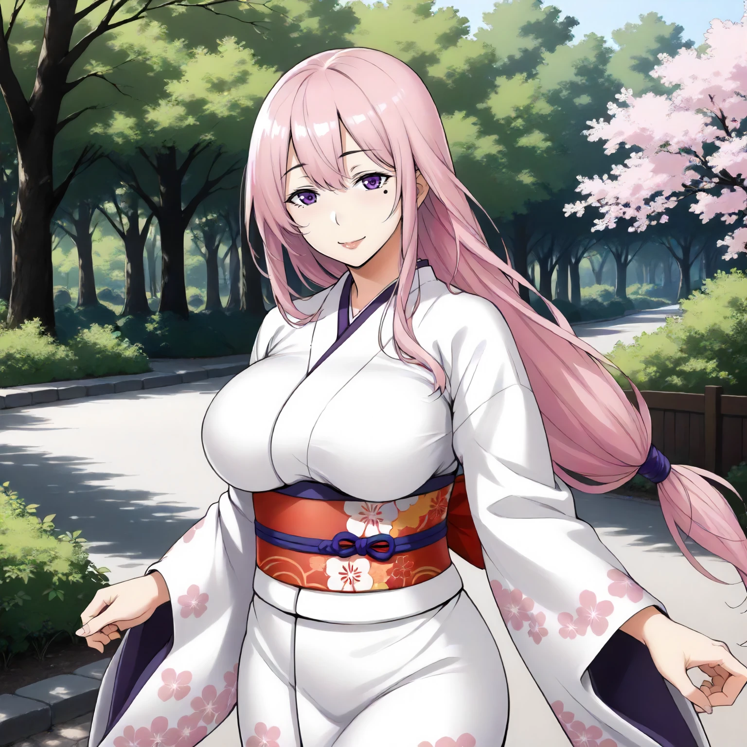 <lora:ToY_AkoNijyouXLpony001>,
outdoors,nature,
smile,
solo,
AkoNijyou,1girl,pink hair,long hair,purple eyes,
one mole under eye,
low-tied long hair,
large breasts,
wide hips,
standing,
print_kimono,