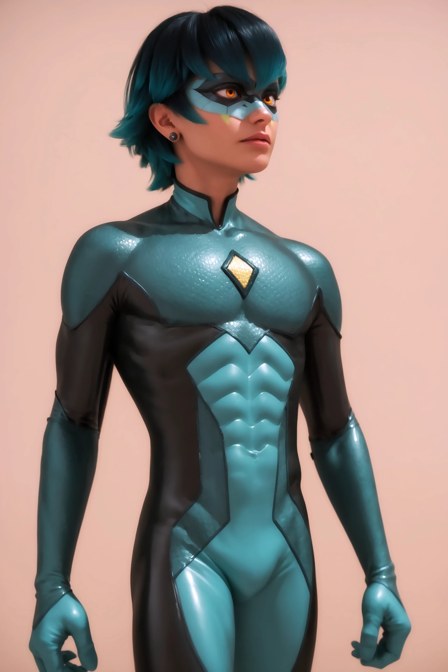 score_9, score_8_up, score_7_up, score_6_up,score_5_up,score_4_up, imtdviperion, solo, 1boy, mask, bodysuit, domino mask, blue hair, green hair, short hair, superhero, yellow eyes, black hair, facepaint, stud earrings, skin tight, agua hair, multicolored hair, rating_questionable
