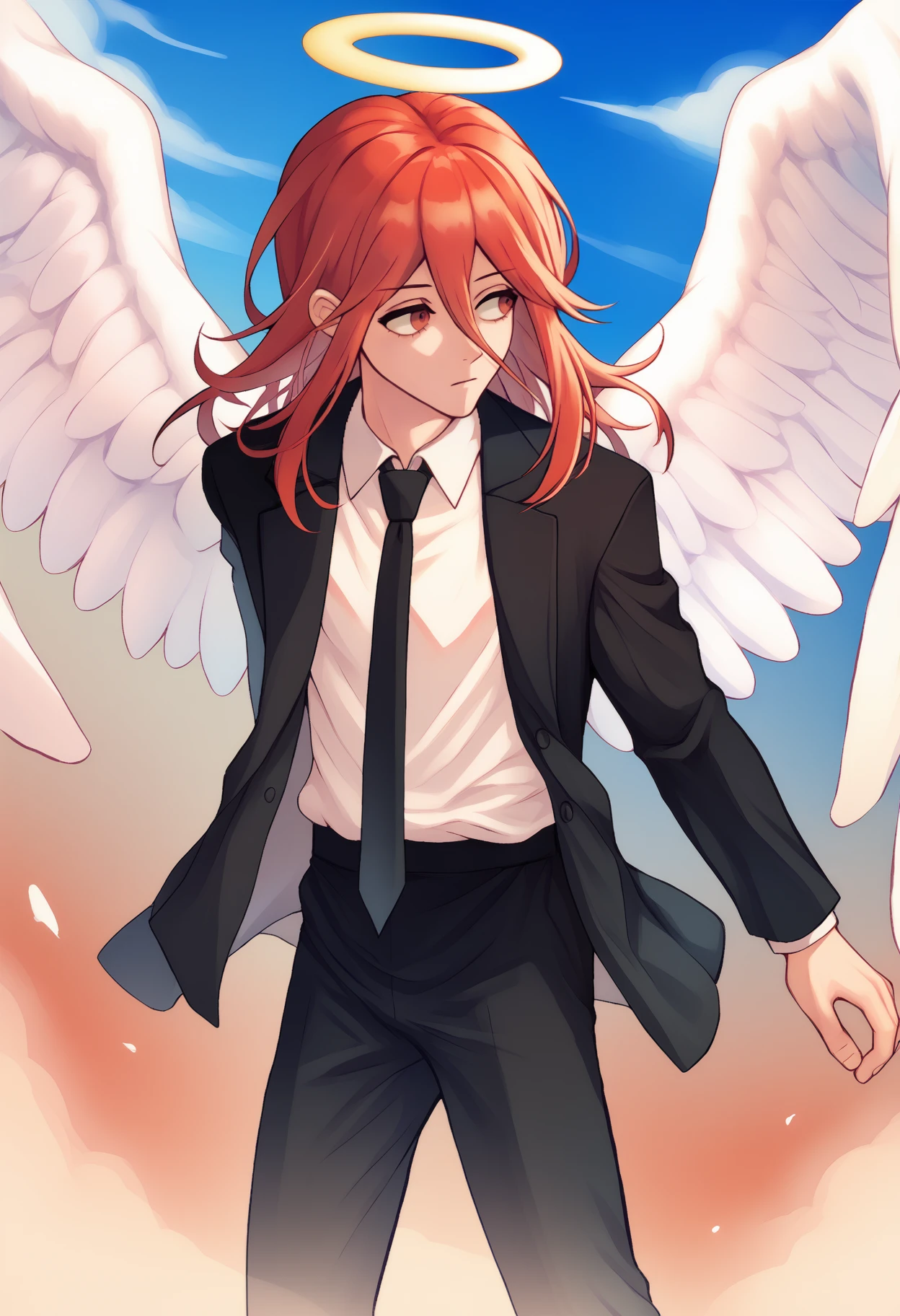 score_9, score_7_up, <break> solo, male focus, 1boy, angeldevil, flying, looking away, red hair, halo, red eyes, formal, black suit, black jacket, suit jacket, long sleeves, white shirt, collared shirt, black necktie, black pants, white wings, angel wings, blue sky, cloud
 <segment:yolo-face_yolov8m.pt,0.4,0.5//cid=1>