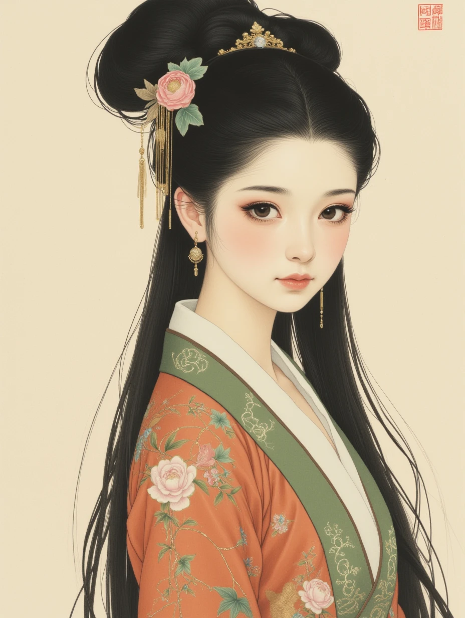 gongbihua,

A girl with long black hair styled in a flowing cloud bun, almond-shaped eyes, wearing a Han dynasty ruqun, with an embroidered silk top featuring floral patterns, a jade hairpin and delicate gold earrings.