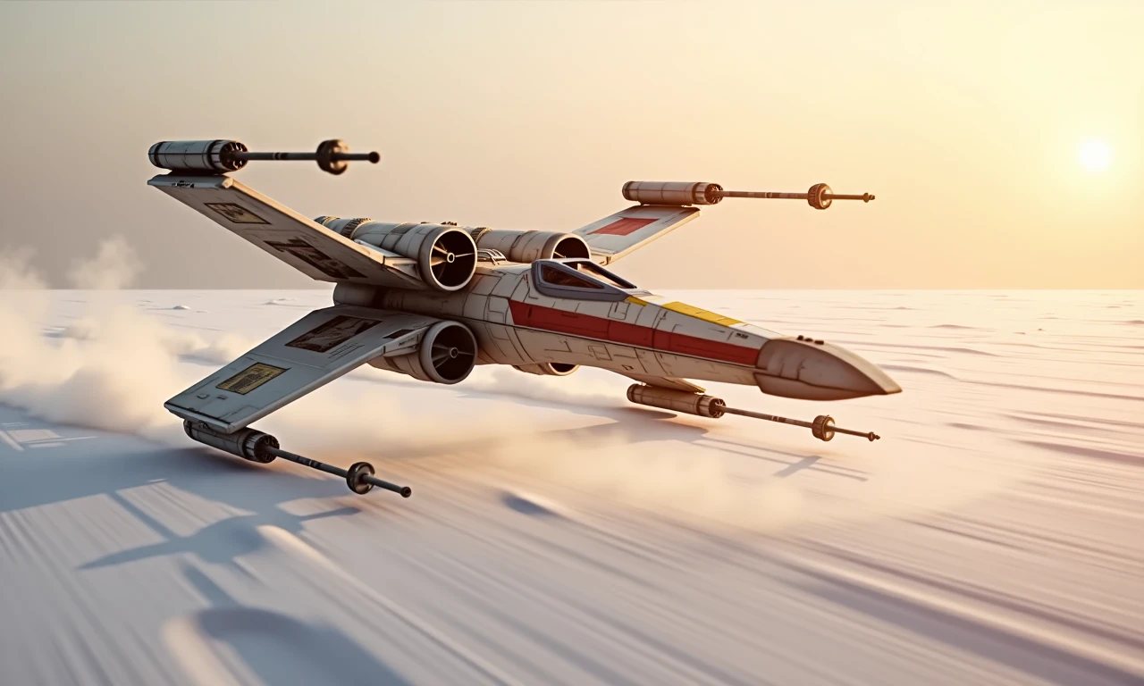 <lora:x-wing:1>, <lora:star wars style v2:1> star wars style,a photo of an x-wing flying low over an ice-desert planet,dust trailing behind,cinematic,vivid colors,lucasfilm