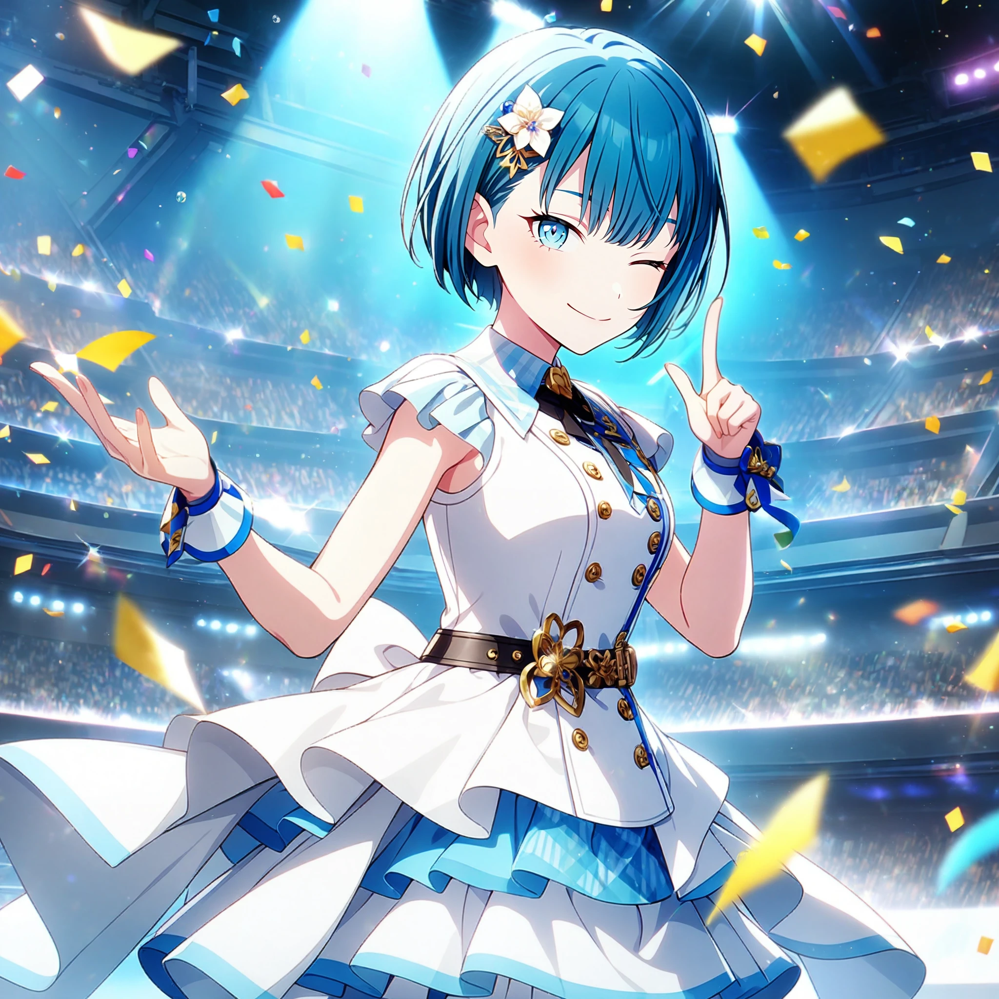 1girl, kiritani haruka, project sekai, masterpiece, very aesthetic, absurdres, official art,
brandnew haruka, blue short hair, blue eyes, hair over ear,
from side, hands up, (looking at viewer:1.4), smiling, closed mouth, one eye closed, index finger raised, face focus, BREAK
white shirt, blue line, layered skirt,
idol stage, stage light, neon light, (confetti-flurry, psyllium:1.2), auditorium is filled with spectator,
<lora:sdxl-mmj-BNHaruka03:1:lbw=0,0,0.2,0.2,0,0.4,0.4,0,0.8,0.8,0,0,0,0.8,0.8,0.6,0.8,0.0,0.0,0.0,0,0,0,0,0,0>