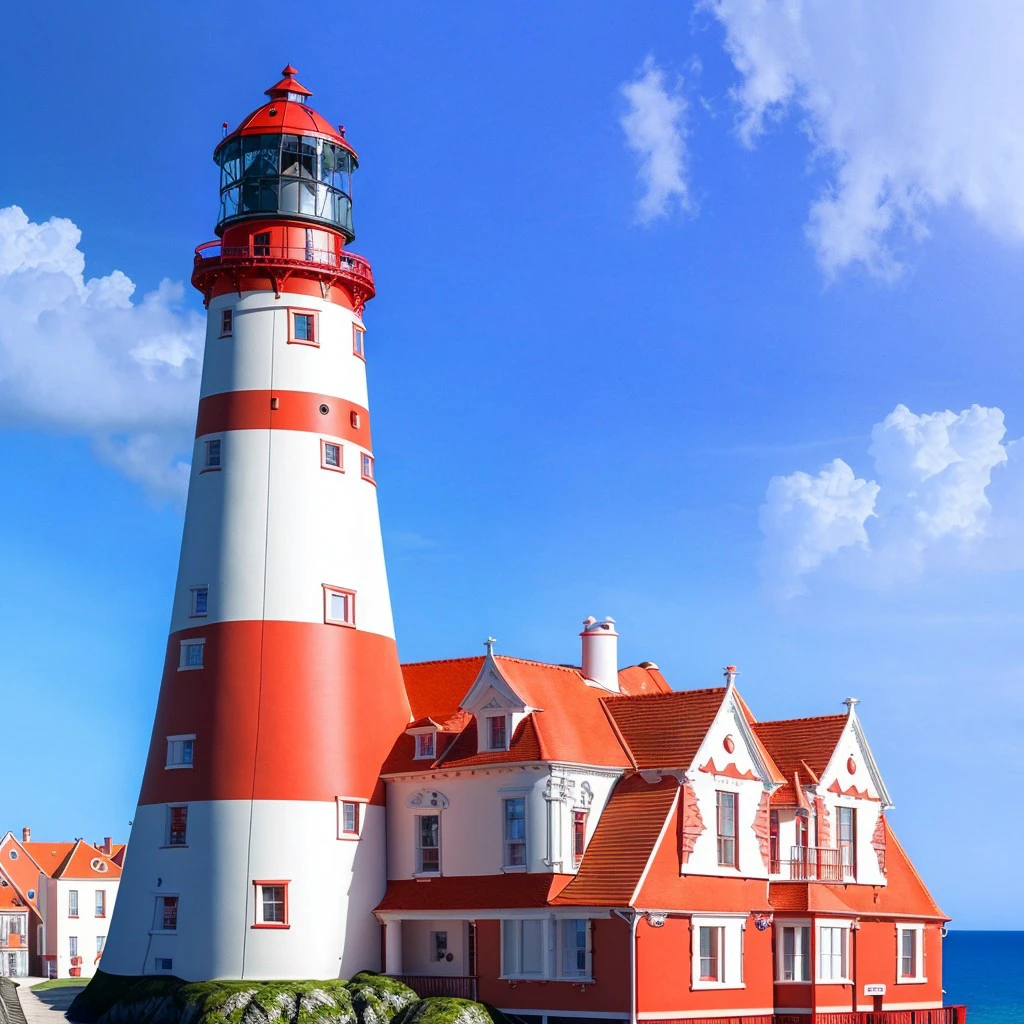 masterpiece, full scale photo, intricate photo, precisely detailed lighthouse with red-white ring-sections in the ocean, photo realistic, hyper realistic, highly detailed, sharp focus, high resolution, best quality, colorful, friendly colors, cozy outdoor lighting, 8K