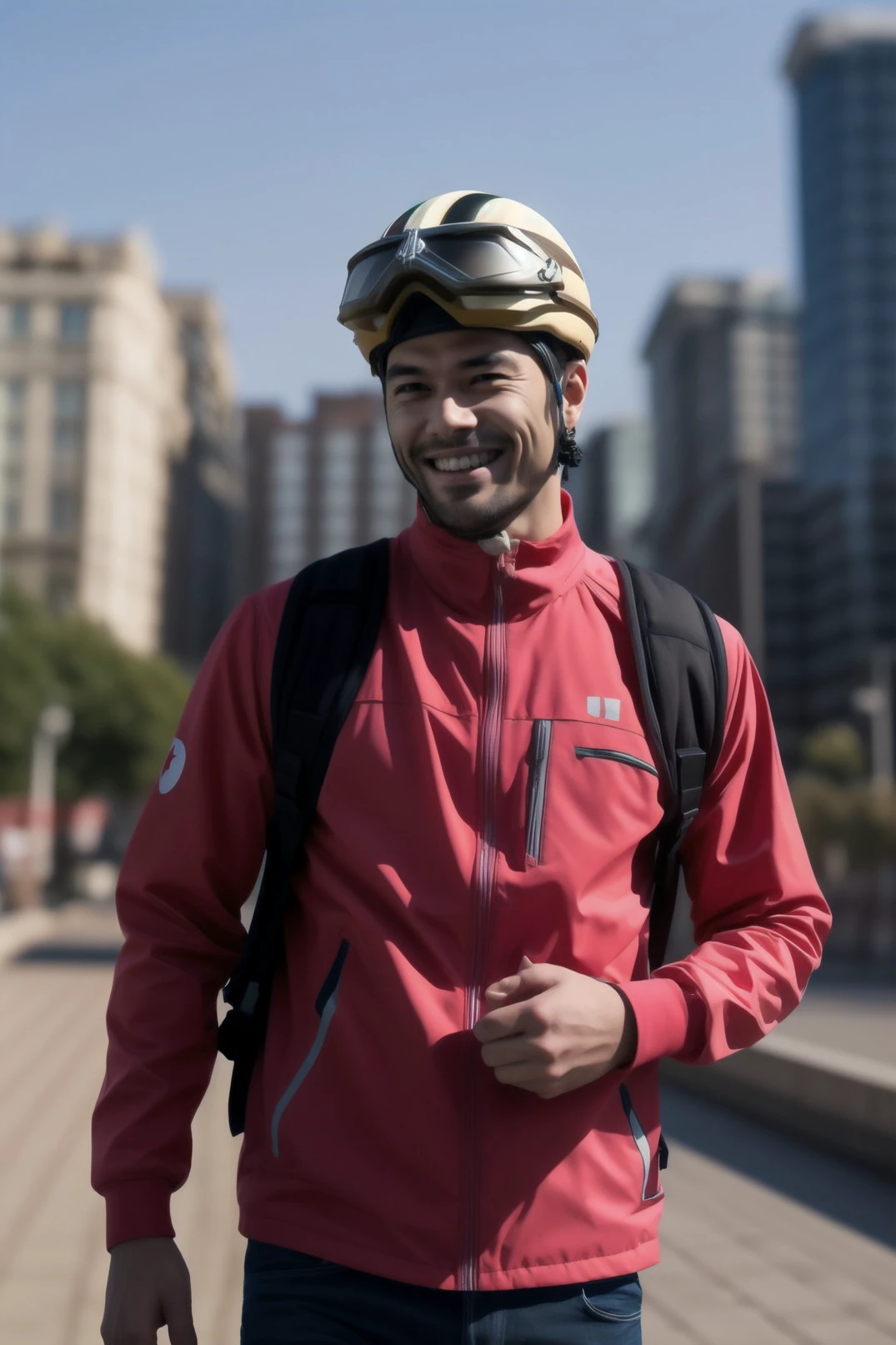 1boy, (solo), brown eyes, smile, goggles_helmet, <lora:goggles_helmet_v1:1>, hand on own hip, bust shot, outdoor, city background, (masterpiece:1.4), extremely detailed, (high resolution), (best quality),