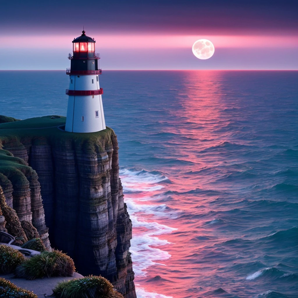 masterpiece, full scale wide photo, intricate photo, precisely detailed lighthouse with red-white colored ring-sections in the ocean on a rock by dark night, mfull moon is shining, hazy fog on the water surface, blue neon backlight at the horizon mirroring in the ocean, photo realistic, hyper realistic, highly detailed, sharp focus, high resolution, best quality, colorful, friendly colors, cozy outdoor lighting, 8K