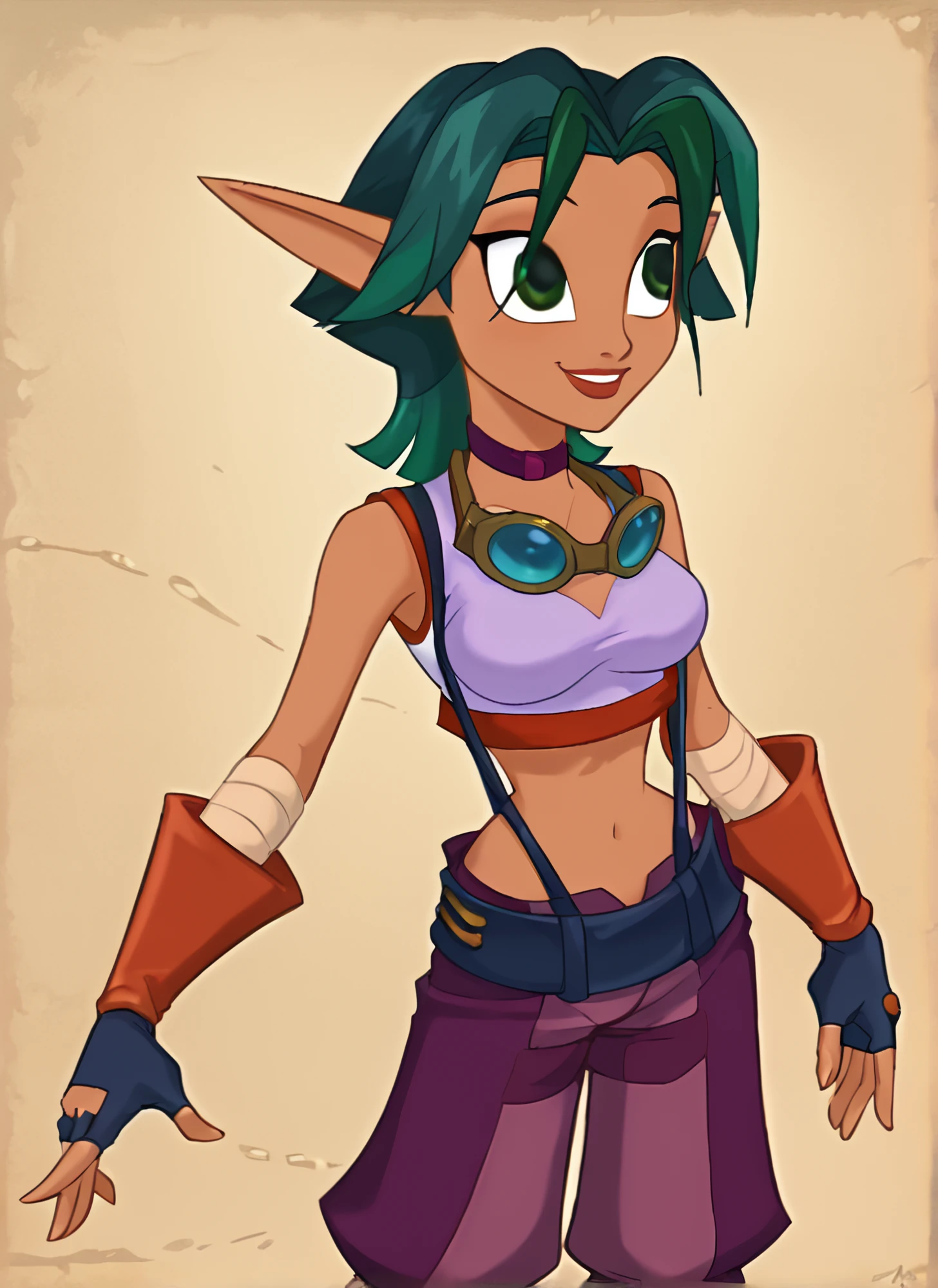 score_9, score_8_up, score_7_up, 90s cartoon, keira hagai, pointy ears, green eyes, choker, goggles, crop top, suspenders, green hair, midriff, purple pants, fingerless gloves, smile