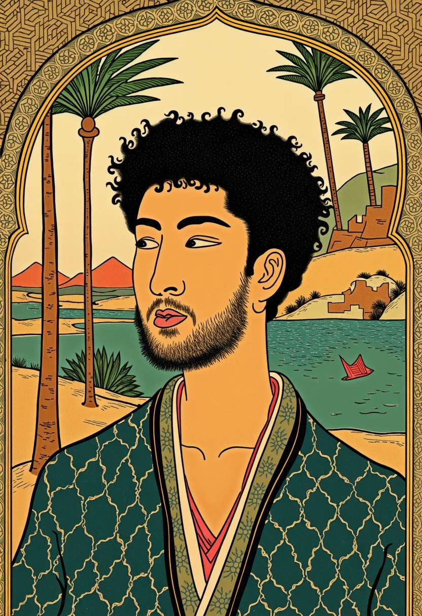 a portrait of a Moroccan man using the Shunga art style, merging traditional Moroccan and Japanese artistic elements. The man has a strong, defined jawline, dark curly hair, and deep, soulful eyes. He wears a traditional Moroccan djellaba, with ornate patterns inspired by Moroccan tile designs. The background includes intricate geometric patterns, palm trees, and desert landscapes. The colors are earthy with rich tones of gold, green, and deep blue, embodying the smooth, flowing line work and soft textures typical of Shunga art.