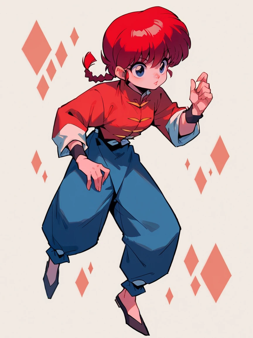 score_9, score_8_up, score_7_up, score_6_up, score_5_up,  <lora:RanmaXLP:1> ranma, red hair, 1girl, solo, blue eyes, braided ponytail, chinese clothes, full body,