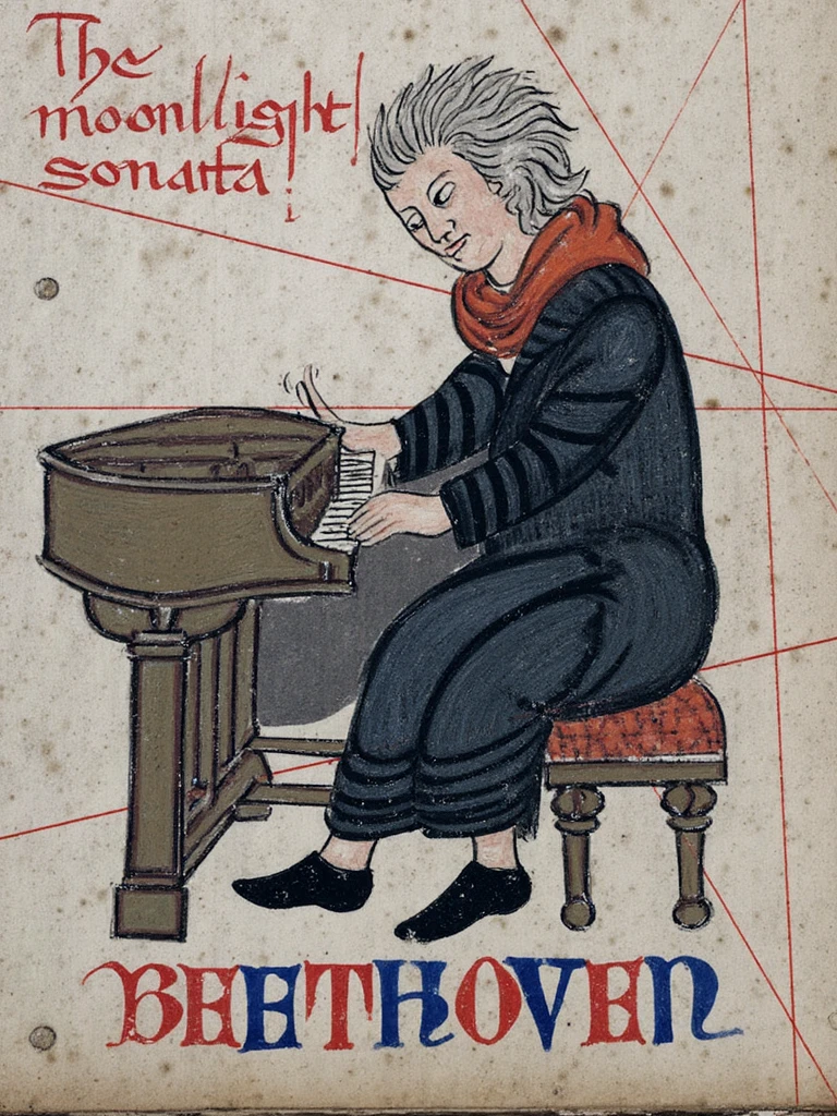 C4t41an style, Beethoven with long gray hair wearing a black coat and a red scarf, sitting at a piano, red text at the top reading 'The moonlight sonata', red and blue text at the bottom reading 'BEETHOVEN'