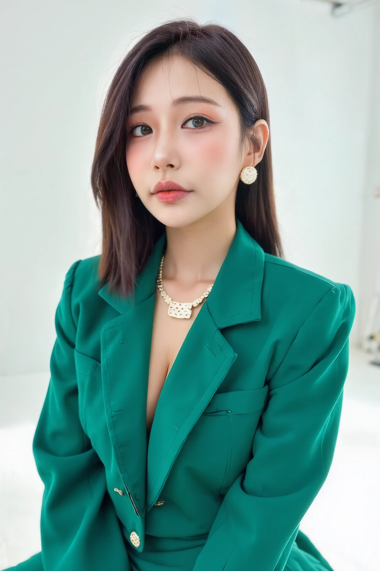 A vibrant portrait of BJHaru, dressed in a sleek, modern suit in a bold emerald green, paired with statement jewelry. Her makeup is minimal but refined, with nude lipstick and well-defined eyes. Her sleek hair is styled in a trendy bob, matching the chic, contemporary vibe of the setting. The background is a bright, airy studio, capturing the essence of modern fashion and style.