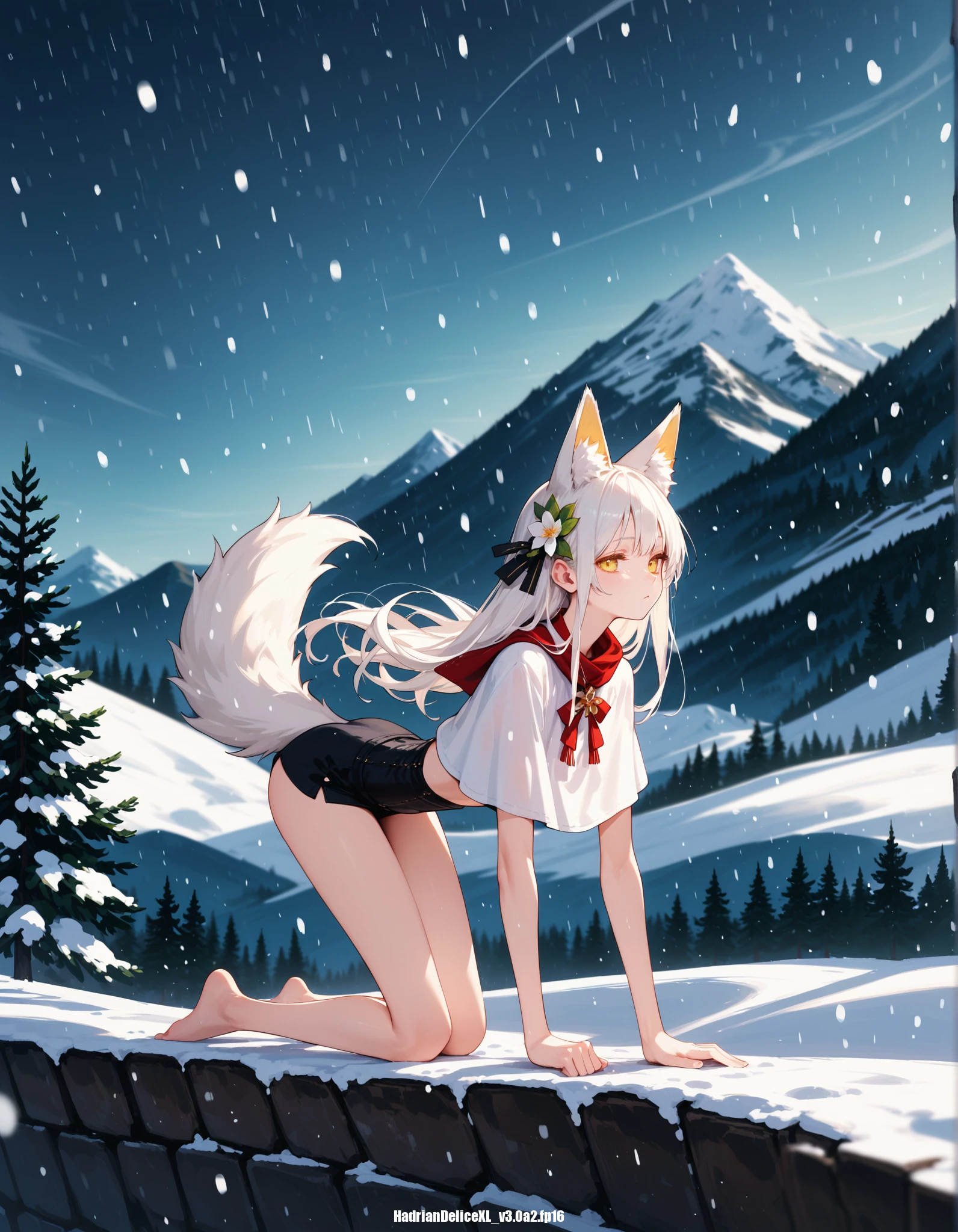 (superflat, flat shading, flat colors:1.1), wide angle, 2girls, little, yo, small breast, white hair, (white fox ears), (white fox tail:1.2), white sports bra, white panties, smile, blush, fun, bare feet, running on snow, play, fun, winter forest, bright sunlight, white, best shadows, watercolor,