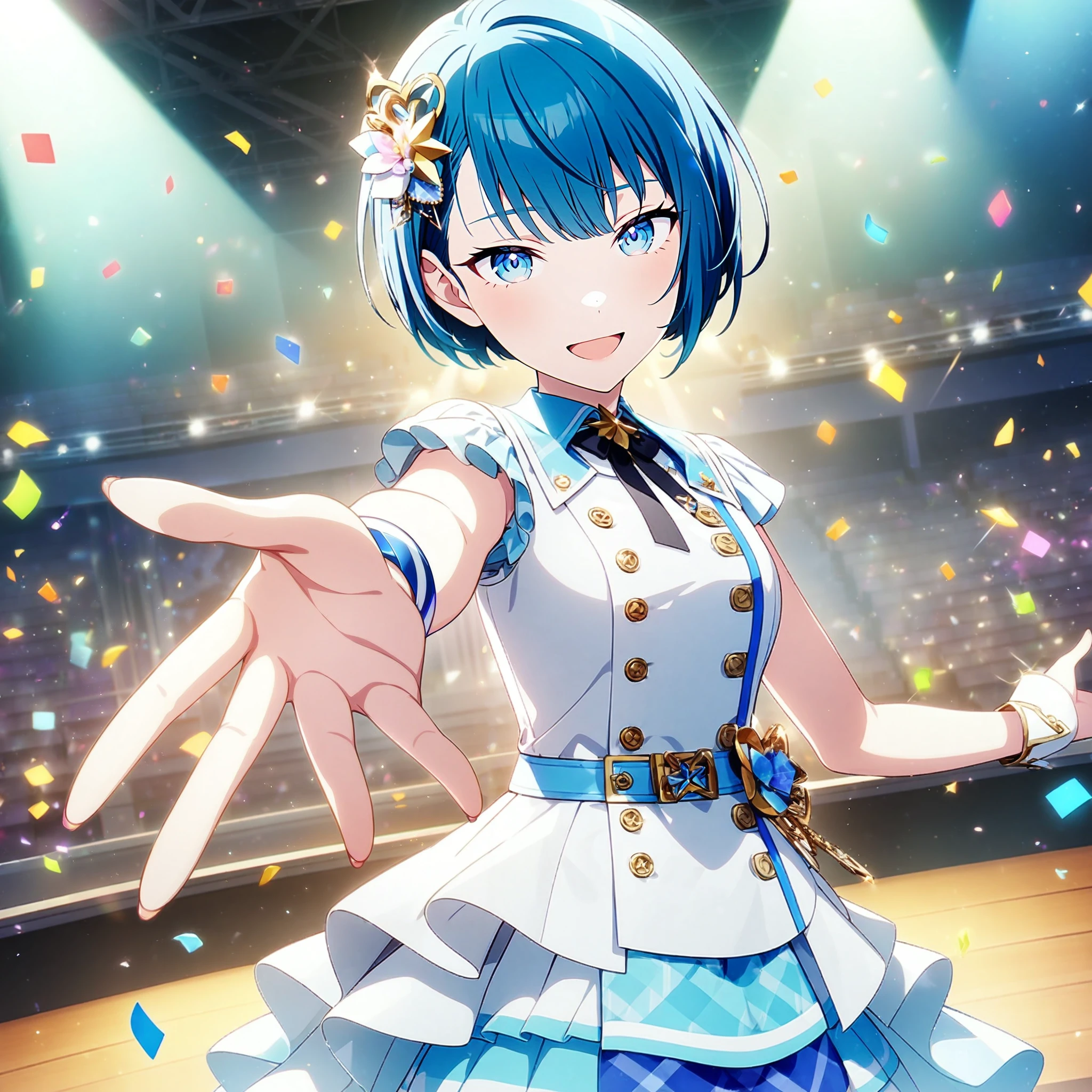 1girl, kiritani haruka, project sekai, masterpiece, very aesthetic, absurdres, official art,
brandnew haruka, blue short hair, blue eyes, hair over ear,
white shirt, blue line, layered skirt, 
(looking at viewer:1.4), :D, reaching towards viewer, spread fingers, face focus, BREAK
idol stage, stage light, neon light, (confetti-flurry, psyllium:1.2), auditorium is filled with spectator,
<lora:sdxl-mmj-BNHaruka03:1:lbw=0,0,0.2,0.2,0,0.4,0.4,0,0.8,0.8,0,0,0,0.8,0.8,0.6,0.8,0.0,0.0,0.0,0,0,0,0,0,0>