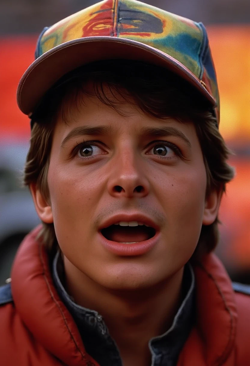 Create a close-up portrait of Marty McFly from 'Back to the Future' wearing a futuristic cap. Style: Hyper-realistic digital art inspired by the work of Drew Struzan and Robert Zemeckis. Composition: Frame Marty's face from the shoulders up, with his iconic 1980s hairstyle visible. Details: Show Marty wearing a futuristic cap, a hint of his red vest visible at the bottom of the frame. Lighting: Dramatic lighting with a slight orange glow, reminiscent of the time-travel scenes from the movie. Colors: Warm tones with emphasis on reds and oranges. Sharpness: High detail on Marty's face and the reflections in his cap. Atmosphere: Capture a sense of wonder and excitement in Marty's expression, visible despite the hat