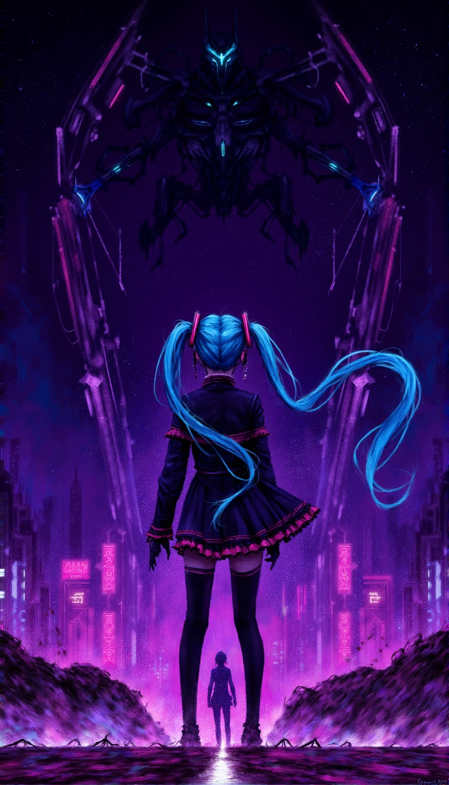 a digital painting rendered in a dark, gritty, and surreal style, This is a digital illustration in a vibrant, neon-lit style, The background is neon glow of the character and the surrounding elements, which include a few scattered stars and a faint, glowing outline of a cityscape, The overall effect is one of vibrant energy and futuristic elegance,featuring hatsune miku with a futuristic, The character stands confidently in a dynamic pose from behind,She has long, flowing hair that is styled into twin ponytails, with one ponytail draped over her shoulder and the other cascading down her back,