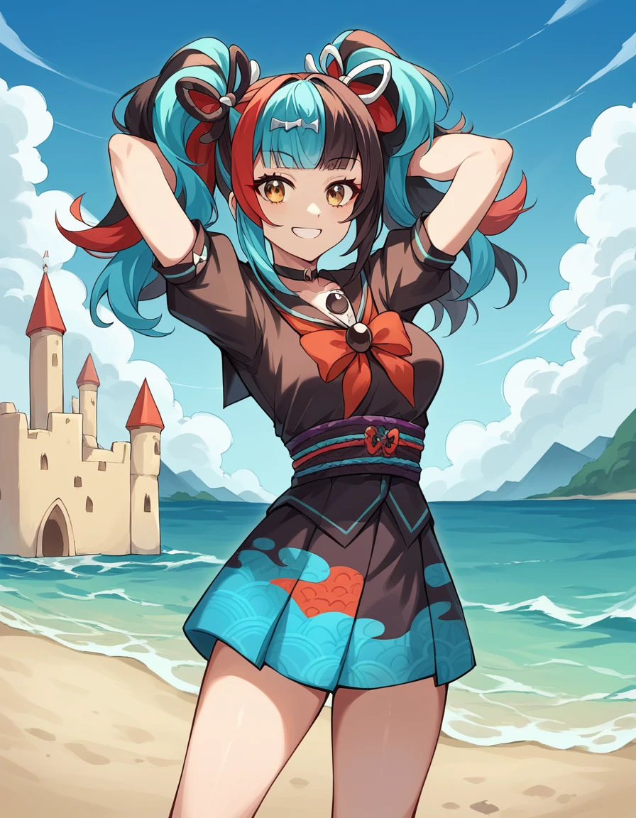 score_9, score_8_up, score_7_up, source_anime, <lora:fgo-sei-shounagon-ponyxl-lora-nochekaiser:1>, sei shounagon, aqua hair, black hair, blunt bangs, multicolored hair, red hair, twintails, brown eyes, medium breasts,, black sailor collar, black shirt, black skirt, choker, pleated skirt, puffy sleeves, sailor collar, shirt, skirt, bow, red bow,, beach, sand castle, swimsuit, summer vacation, ocean wave, hands behind head,, smile, , arm bent at elbow, solo,, cowboy shot, dutch angle