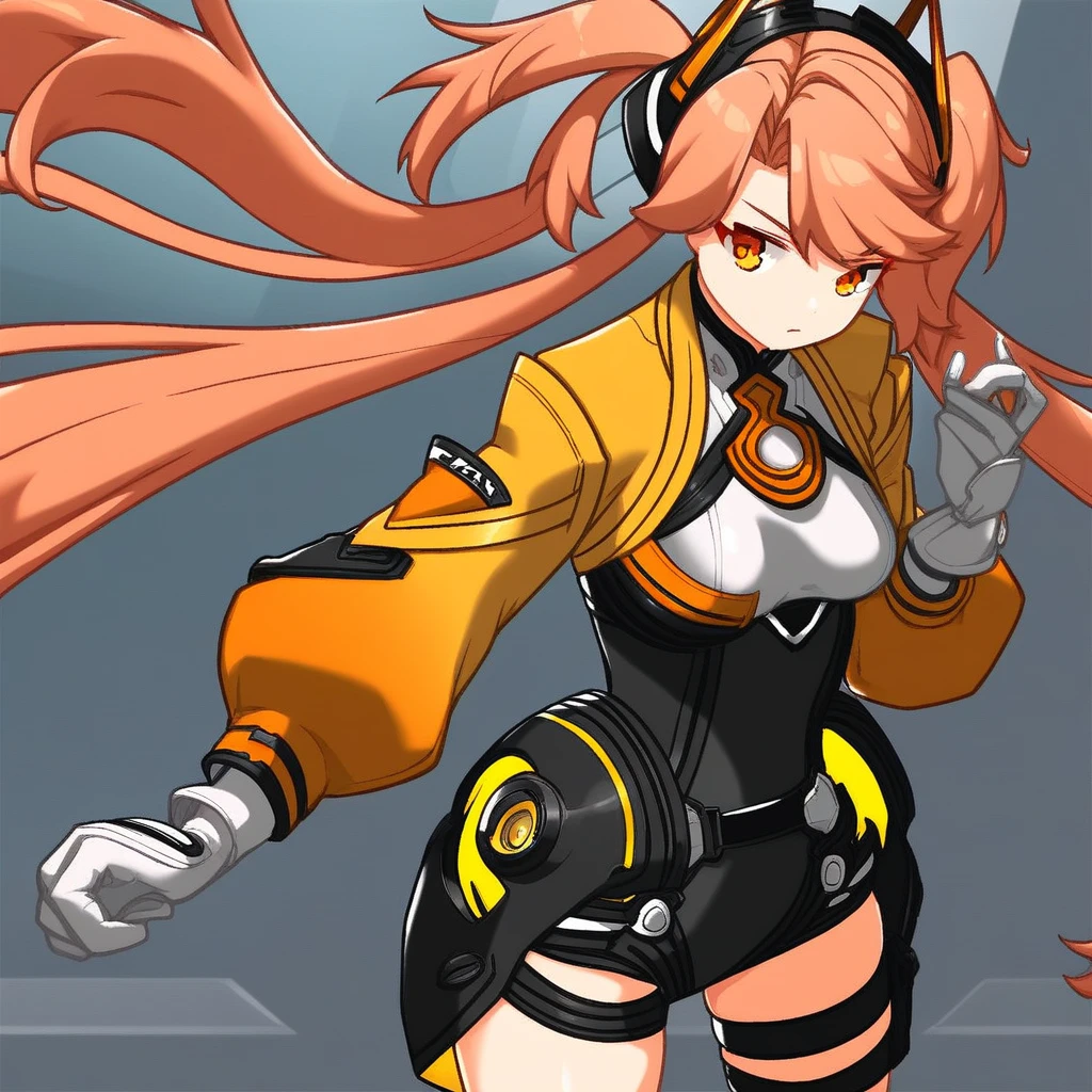 e0s-ft, 1girl, long hair, twintails, gloves, breasts, thigh strap, headgear, jacket, orange eyes, white gloves, very long hair, long sleeves, bangs, small breasts, yellow eyes