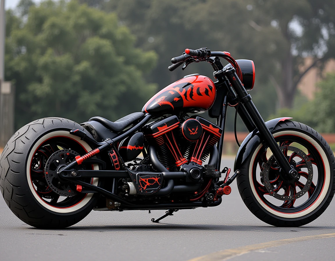 a photo of a custom built motorcycle in the style of occ, batman themed, <lora:occ choper style:1>