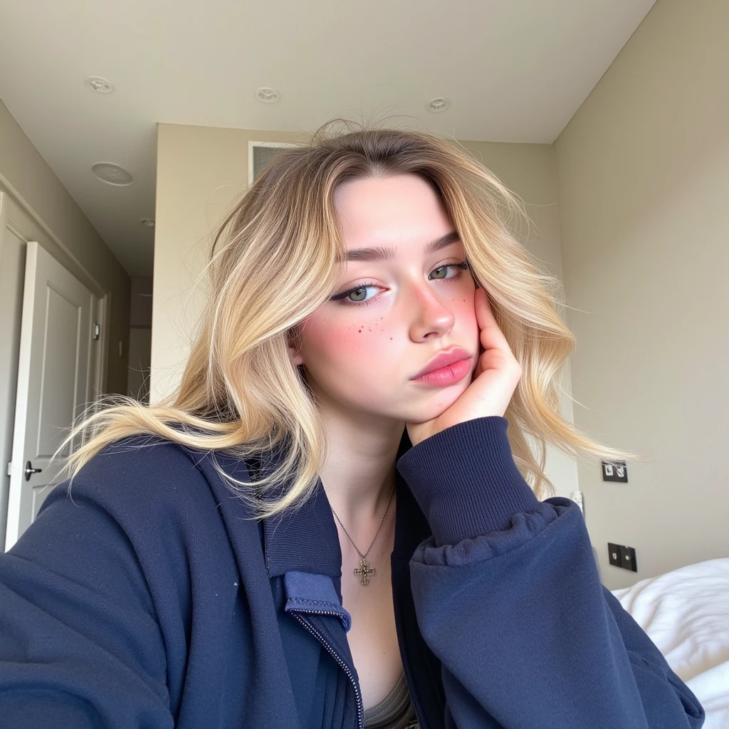 s3lfi3, 1girl, solo, long hair, looking at viewer, blue eyes, blonde hair, long sleeves, jewelry, upper body, necklace, lips, messy hair, hand on own face, freckles, head rest, nose, realistic, hand on own cheek, photorealistic, this is a selfie photograph of a young woman with a fair complexion and long, wavy blonde hair. she has full lips, a small nose, and striking blue eyes. her expression is pensive as she gazes directly at the camera with her right hand resting on her cheek, fingers lightly touching her face. she wears a navy blue zip-up hoodie that appears to be made of a smooth, synthetic fabric. the background is minimalistic, featuring neutral tones of beige and white, with a small section of a white door visible on the left side and a recessed ceiling light fixture on the upper right. the setting appears to be a modern, well-lit room, likely a bedroom or living space. the photograph is taken indoors, likely in a residential setting, with natural light softly illuminating her face. the overall composition is clean and minimalistic, focusing on the subject's face and upper body, with the background providing a subtle, neutral backdrop.