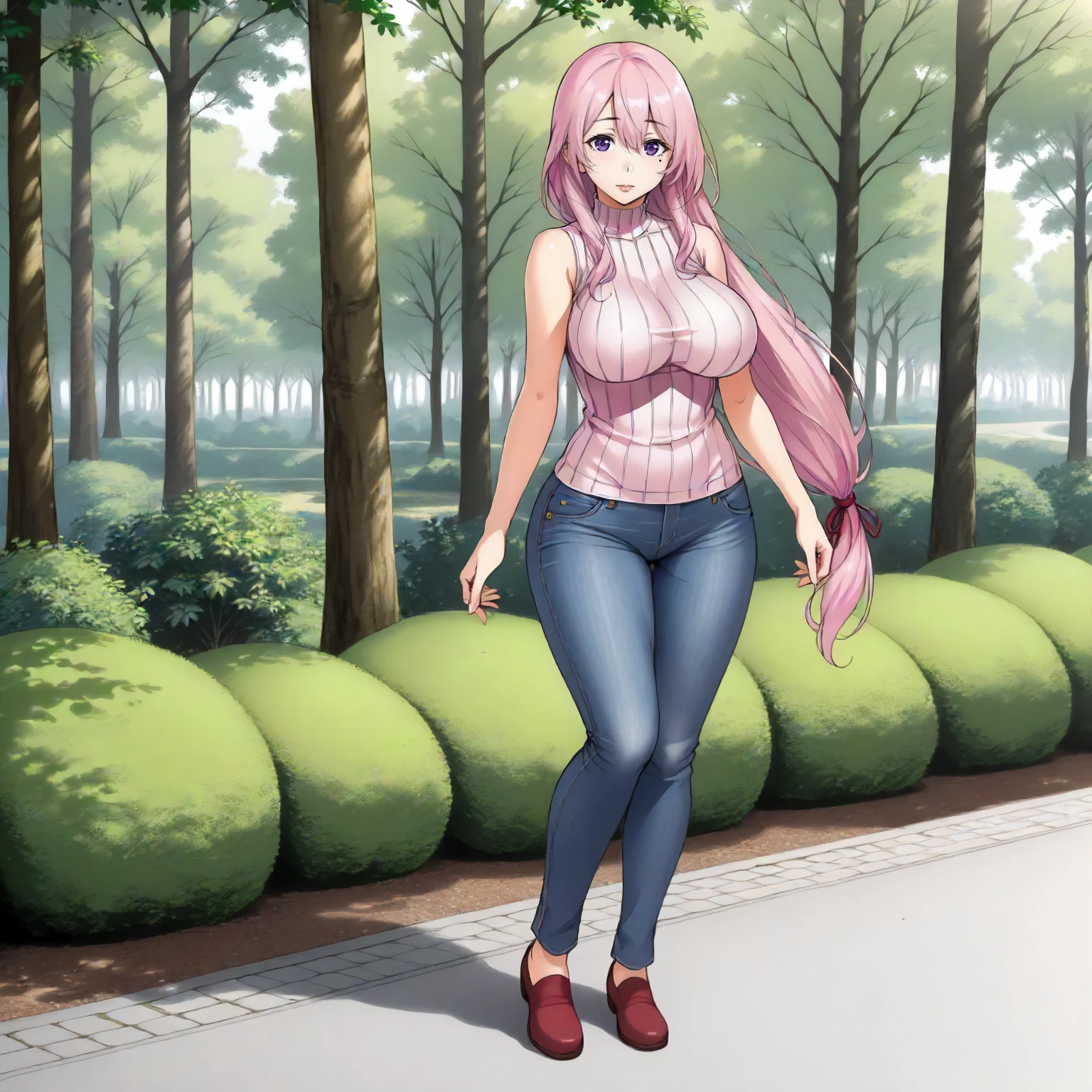 <lora:ToY_AkoNijyouXLpony001>,
outdoors,nature,
solo,
AkoNijyou,1girl,pink hair,long hair,purple eyes,
one mole under eye,
low-tied long hair,
large breasts,
wide hips,
ribbed sweater,sleeveless,
jeans pants,
full body,standing,