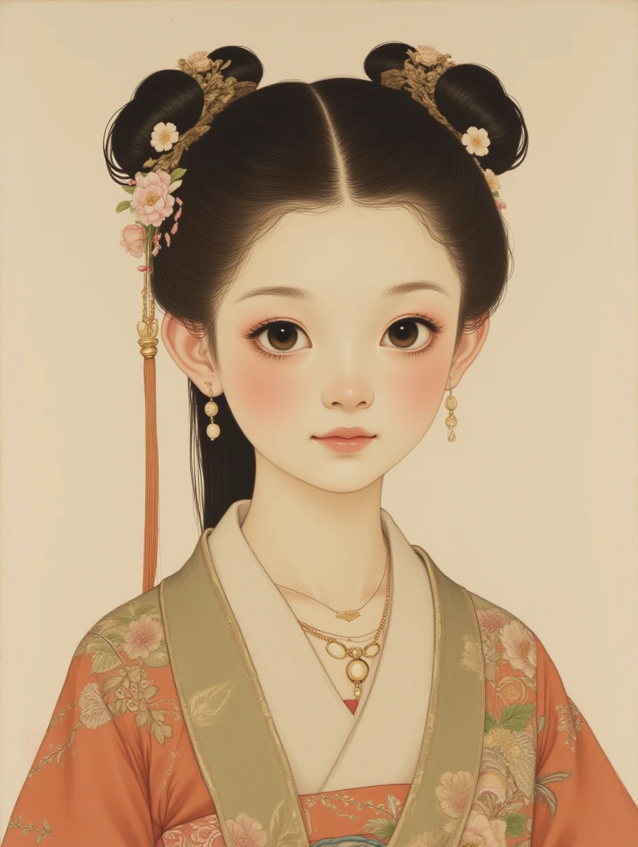 gongbihua,

A girl with dark brown hair in a double-bun style, soft round eyes, wearing a Ming dynasty cross-collar jacket with embroidered sleeves, a gold necklace, and a silk scarf draped around her shoulders, adorned with floral hairpins.