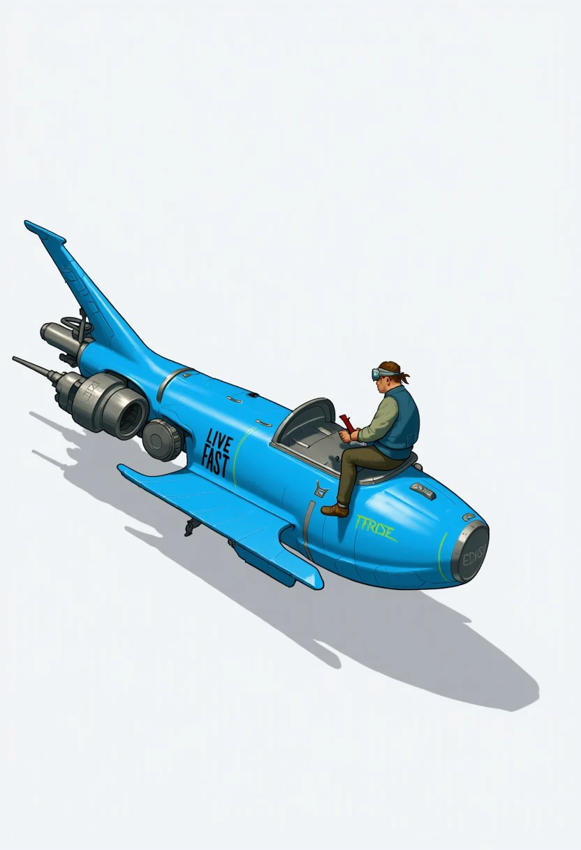 a sleek, futuristic hoverbike  in a vibrant blue color. The bike should have a streamlined design with mechanical details, visible engines, and small exhausts. Include subtle weathering and wear marks, as if it's been used for a while. On one side, depict graffiti or colorful illustrations to give the bike a personalized, lived-in feel saying "LIVE FAST". The scene should also feature two characters: one, a mechanic or engineer, sitting and working on the hoverbike with tools, and the other standing on the bike, appearing ready for action, possibly with goggles or pilot gear