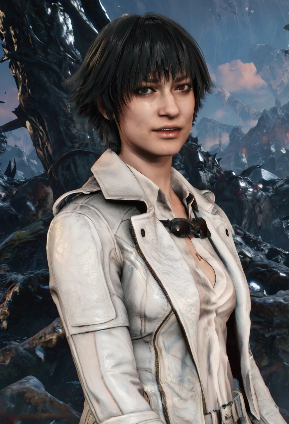 score_9,score_8_up,score_7_up, realistic,lady_devil_may_cry, devil may cry 5, short hair,black hair,scar,heterochromia, 3d,cgi game <lora:lady_devil_may_cry:1>  wearing a white outfit,