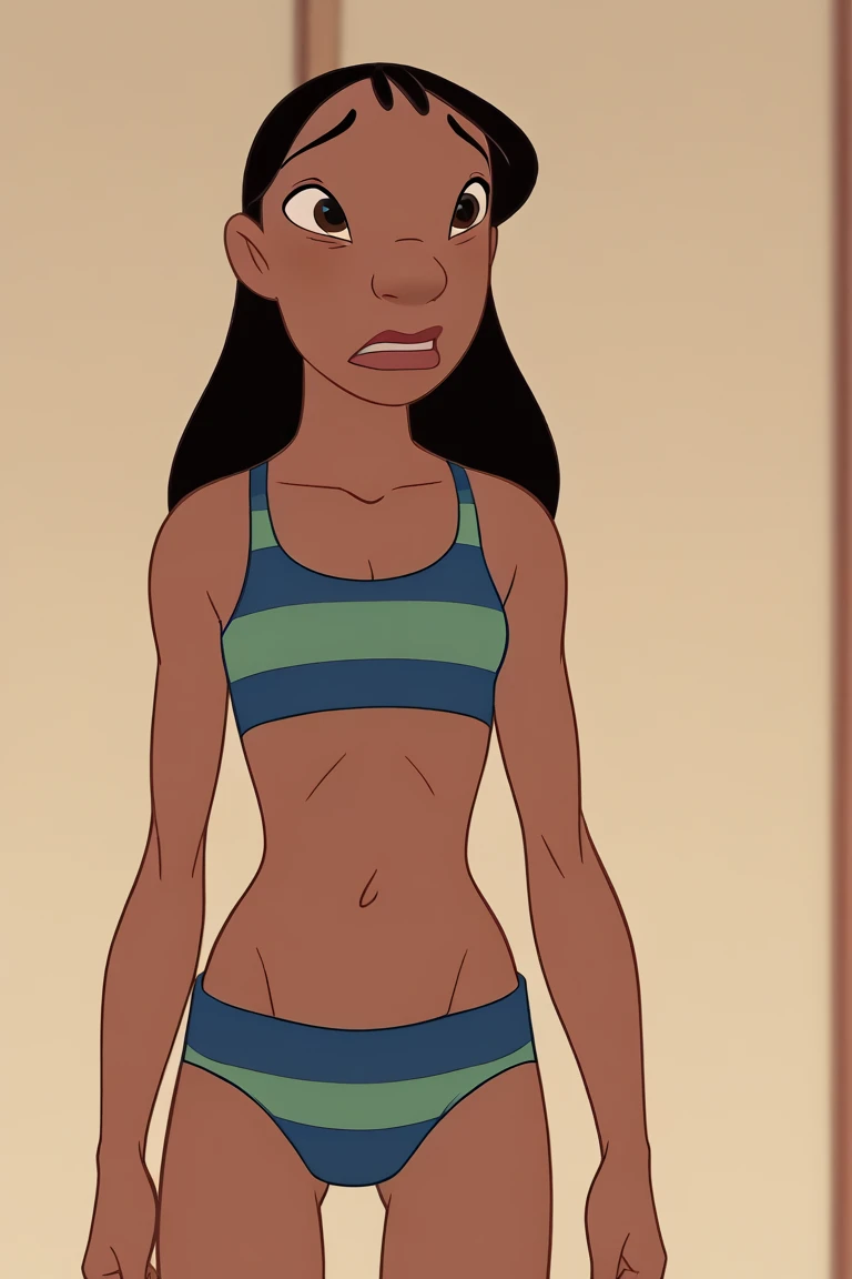 score_9, score_8_up, 
 <lora:Nani_Pelekai__Lilo__Stitch_:1> nani,brown eyes, dark skin, long black hair,small breasts,naniswim,green striped blue bikini,striped bikini,navel,
BREAK
skinny, flat chest,
sl1m_th1g4p, <lora:slim_thigh_gap-000007:1.0>