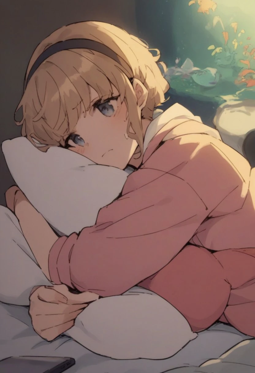 score_9, score_8_up, score_7_up, score_6_up, score_5_up, score_4_up, hairband, closed mouth, arm up, on bed, smartphone, pillow hug, sweatdrop, aquarium, talking on phone, plate, hood