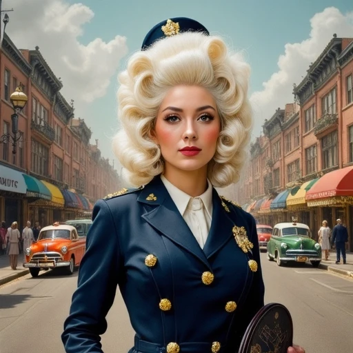 1940s Pinup (gouache painting:1.2) of a police-woman wearing 1940s police suit and a white rococo wig, background is street with heavy trafic, 2d illustration, airbrushed, by Robert Elvgren and Gil Elvgren
 <lora:HAROQUE2FLUX-000001:0.9>