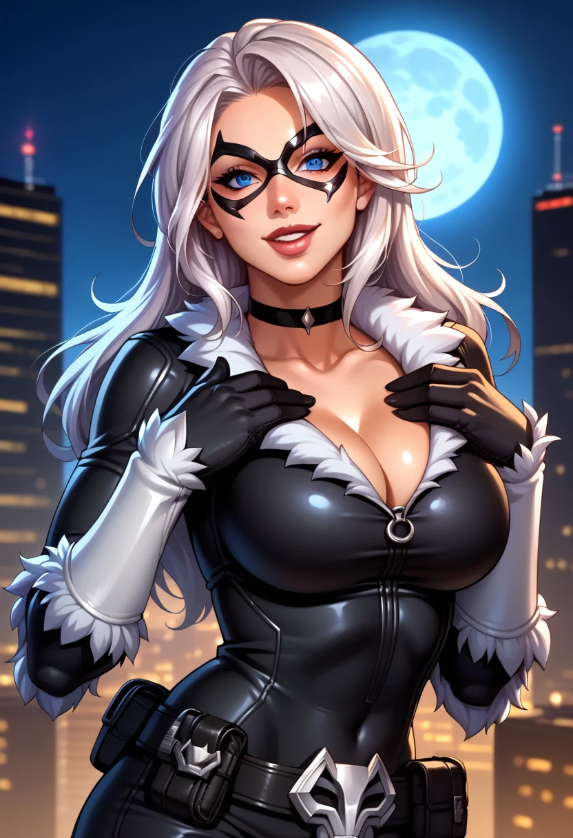 score_9, score_8_up, score_7_up,  source_anime,  BREAK solo, 1 girl, <lora:FNBlackCat-000008:1> , BlaCtFN, white hair, mask, blue eyes, choker, fur trim, black bodysuit, white vambraces, utility belt, belt buckle,  upper body, seductive smile, lips, open mouth,  , unzipping, cleavage, breasts, looking at viewer, 1 girl, solo,  night,  black gloves, large window, moon, cowboy shot, cityscape, skyscraper, hand on own chest,