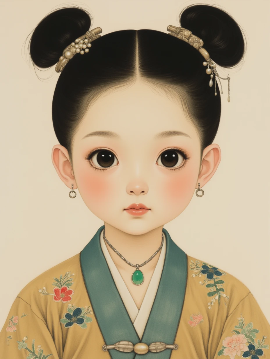 gongbihua,

A girl with dark hair tied in twin loops with ribbons, large round eyes, wearing a Song dynasty jacket with embroidered sleeves, a silver necklace, and a jade pendant, with a beaded hairband accentuating her hairstyle.