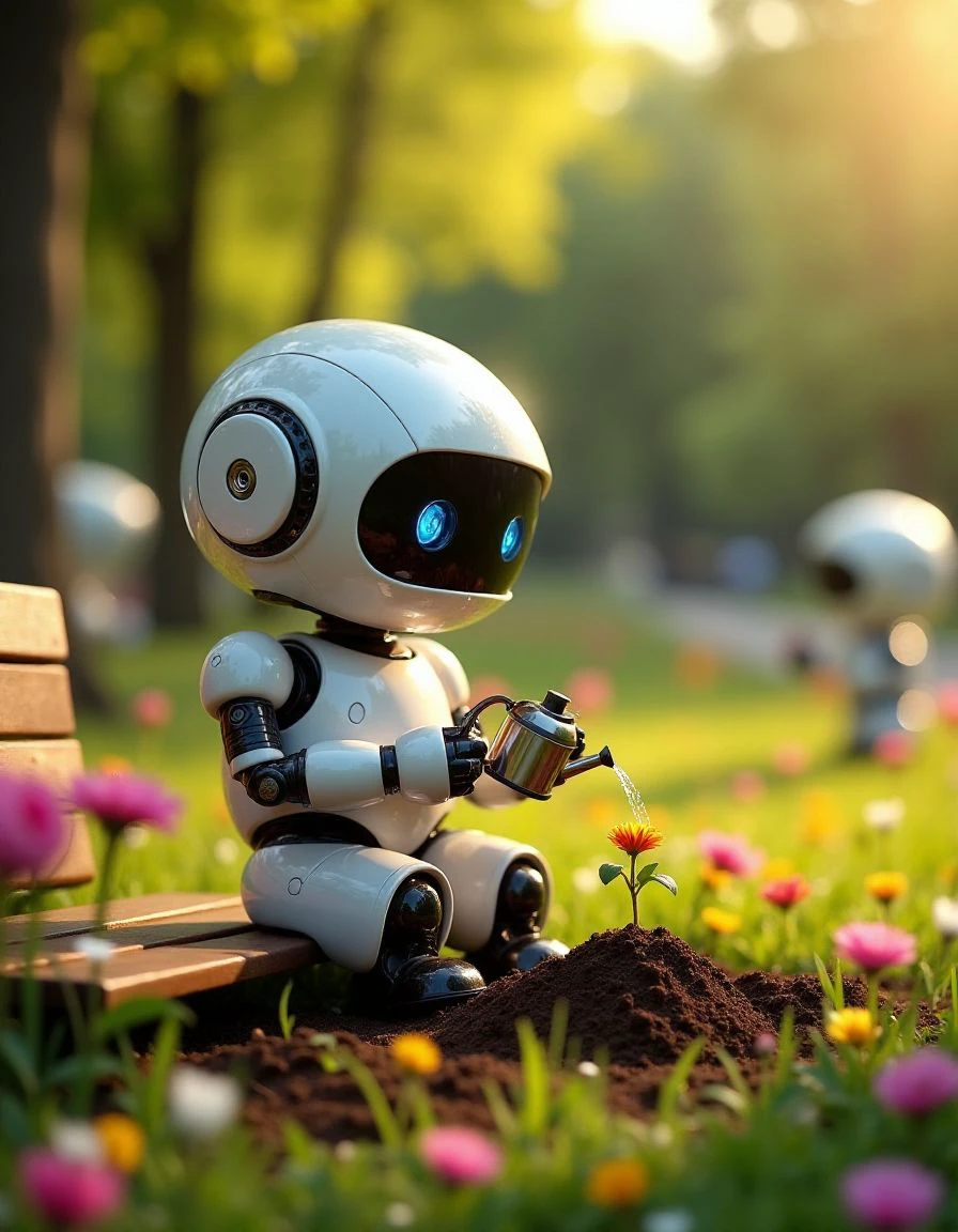 A cute robot with a shiny, round body and big expressive eyes is sitting on a bench in a park, carefully planting a tiny flower into the soil. Its small hands are delicately holding a tiny watering can, gently sprinkling water on the plant. Around it, colorful flowers bloom as the robot hums a cheerful tune, enjoying the peaceful moment. The scene is illuminated by soft, warm sunlight, and in the background, other robots are enjoying their own activities in the park. The robot’s joyful expression and the little plant symbolize a love for nature and harmony. <lora:CUTE_ROBOTS_FLUX-000003:1.5>