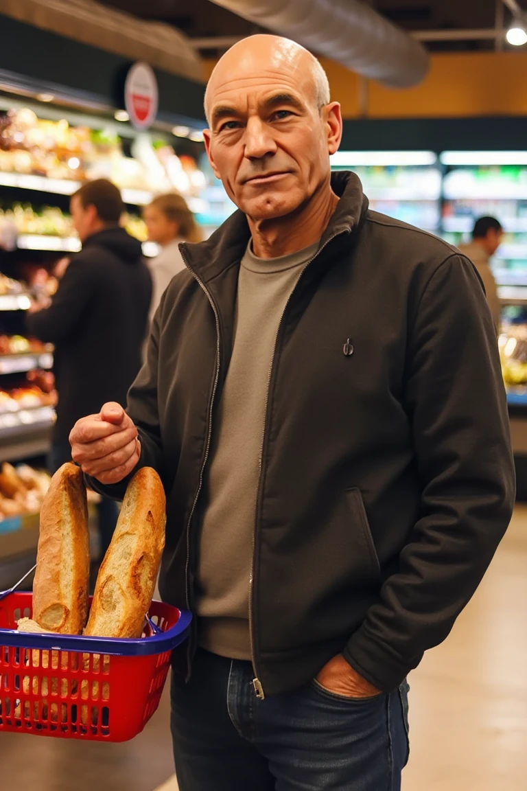 PicardLucJoHn69 <lora:picardlucjohn69:1.5> PicardLucJoHn69 wearing casual french clothes, standing in line at the grocery store, impatiently waiting holding his shopping basket which contains only a single baguette. PicardLucJoHn69 exact face and bald head