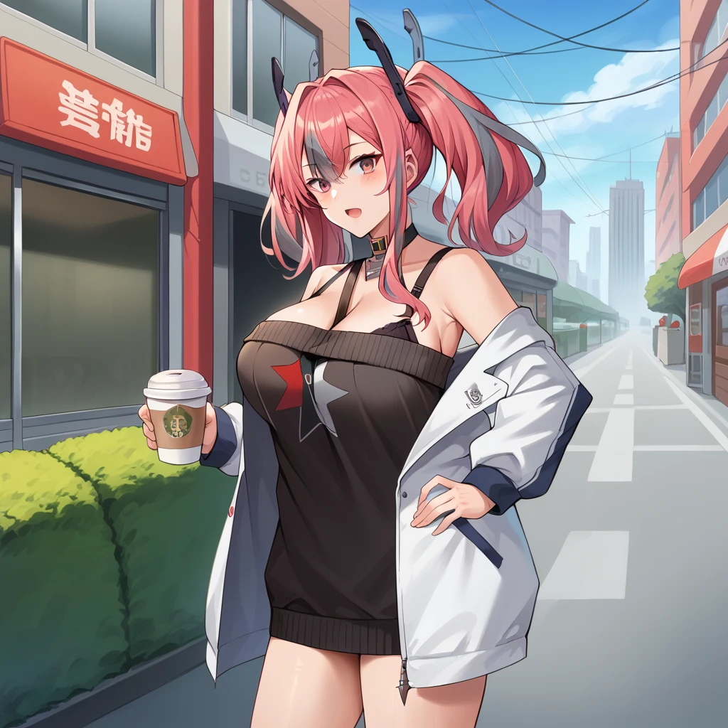 score_9_up, score_8_up, score_7_up, source_anime, masterpiece, best quality, 1girl, solo, BremertonAzur, Brem02, Brm_DFD, cityscape, street, bushes, cafe interior,  standing, hand on hip, holding coffee cup, looking at you, from side, open mouth, bremerton (azur lane), pink hair, twintails, grey hair, sweater dress, off-shoulder sweater, black ribbon, open jacket, alt jacket, white jacket, black sweater, star print, black choker, open clothes, hair ornament, bare shoulders, black bra strap, strap between breasts, long sleeves, mature body, dynamic cowboy shot, outdoors, cafe background