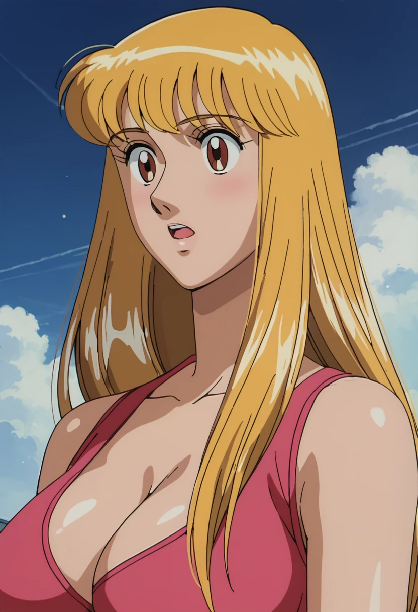 score_9, score_8_up, score_7_up, highres, masterpiece, 1woman, solo, long hair, sexy, r3iko, busty, breasts, blonde hair, anime coloring, large breasts, retro artstyle, 1980s (style)