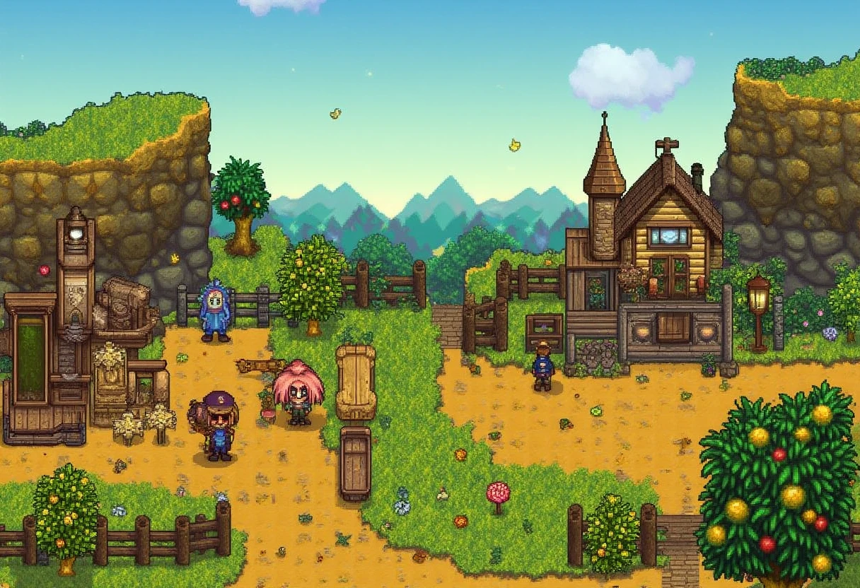 A town in the style of STRDW valley where a villiager tends their farm