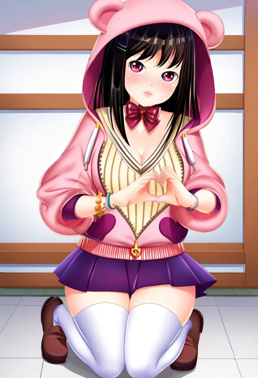 1girl, solo, long hair, bangs, black hair, hair ornament, thighhighs, long sleeves, bow, cleavage, jewelry, purple eyes, jacket, shoes, hairclip, hood, bowtie,red bow, bracelet, white thighhighs, hoodie, brown footwear, loafers, hooded jacket, purple skirt, animal hood, striped sweater, hairclip