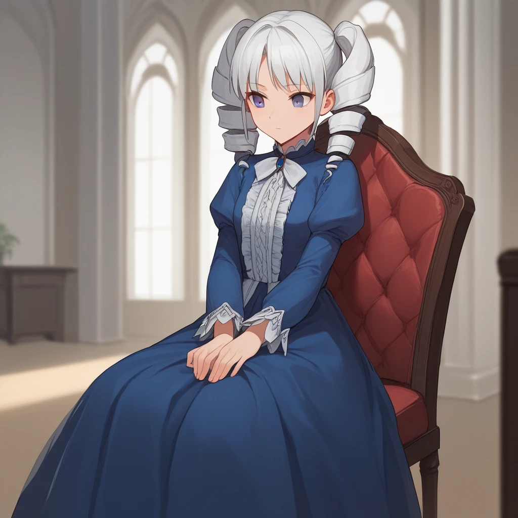 score_9_up, score_8_up, BREAK, HairDrill, drill hair, solo, 1girl, white  hair, twintails, grey eyes, blue dress, on chair, sitting, indoors,  blurry background,  <lora:HairDrills_Haircut_PXL_Leaf1:1>,