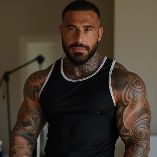 (masterpiece, intricately detailed, highest resolution, best quality:1.2), (doujin), a cocky Jordan_Torres Instagram influencer, buzz cut, a 36 y.o muscle dom with a muscular physique sitting on a chair with blue eyes,ntattoo, ((neckline_tattoo)), dark-skinned male, clean shaven, wearing a ((open jacket, big chains, chav, armbands)), ((excessive cum)) ((cum on body)) (cum drip), flaccid penis,saggy balls,hairy chest,vascular,muscle striations,soft light,fantastic realism, ((colth)), hdsrmr