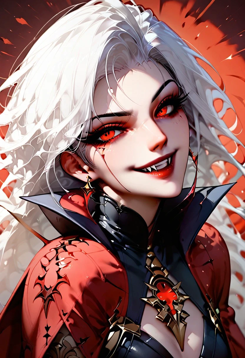 score_9,score_8_up,score_7_up, a closeup, masterpiece, BloodRavenVampire, VampireGothStyle, Vampire, Expressiveh. 1girl, sadistic smile, red evil eyes, asimettric hair cut, two colors hair, black hairs, white hairs, very detailed, tatooes, red details, epic pose