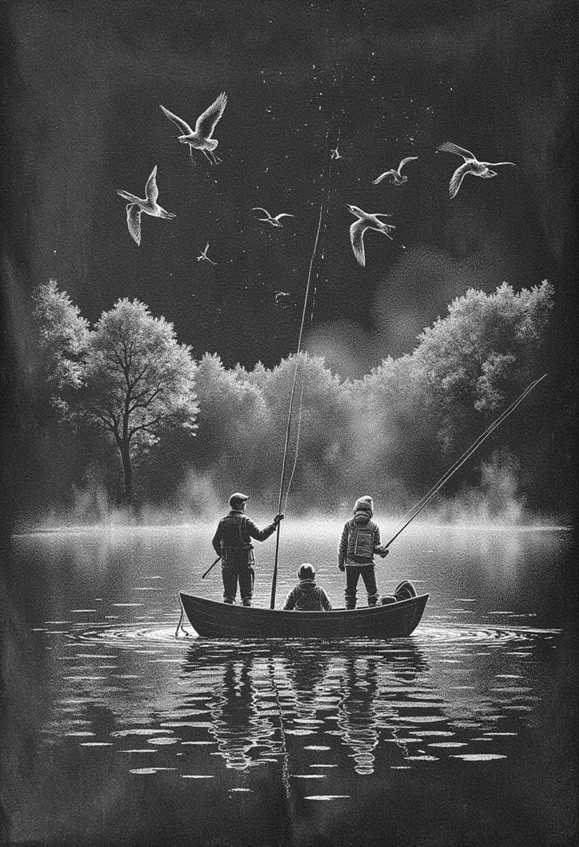 A chalk drawing on a chalkboard of a group of fishermen casting their lines from a small wooden boat on a calm lake. The early morning mist rises from the water, and birds fly overhead, <lora:anatomica-chalk_v10_rank64_bf16:1>, anatomica-chalk