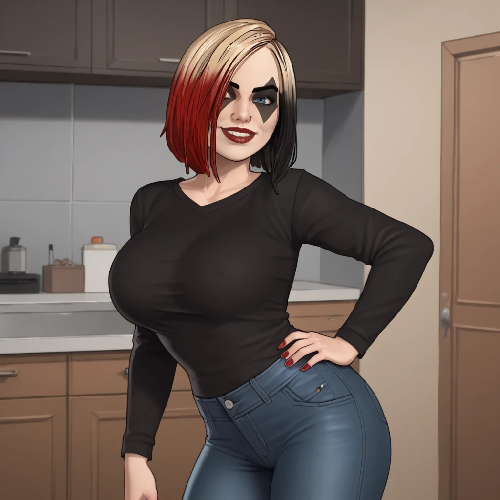 <lora:harleyquinntelltale_pony_v1:.9>  HarleyQuinnTelltale, 1girl, solo, makeup, mask, hair over one eye, lipstick, short brown multicolored red hair, large breasts, sweater,jeans