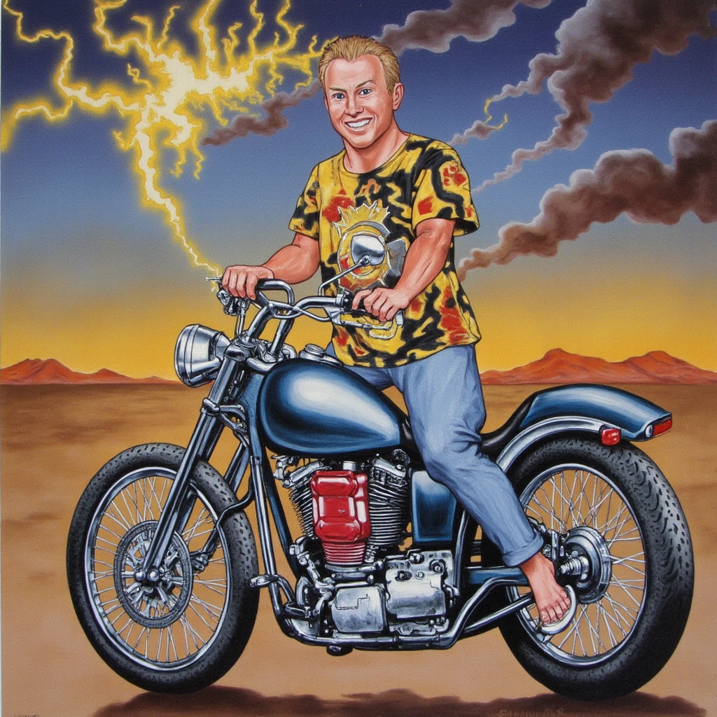 quirky airbrush painting titled "Ride The Lightning".
<lora:KoffKoverFlux:.8>