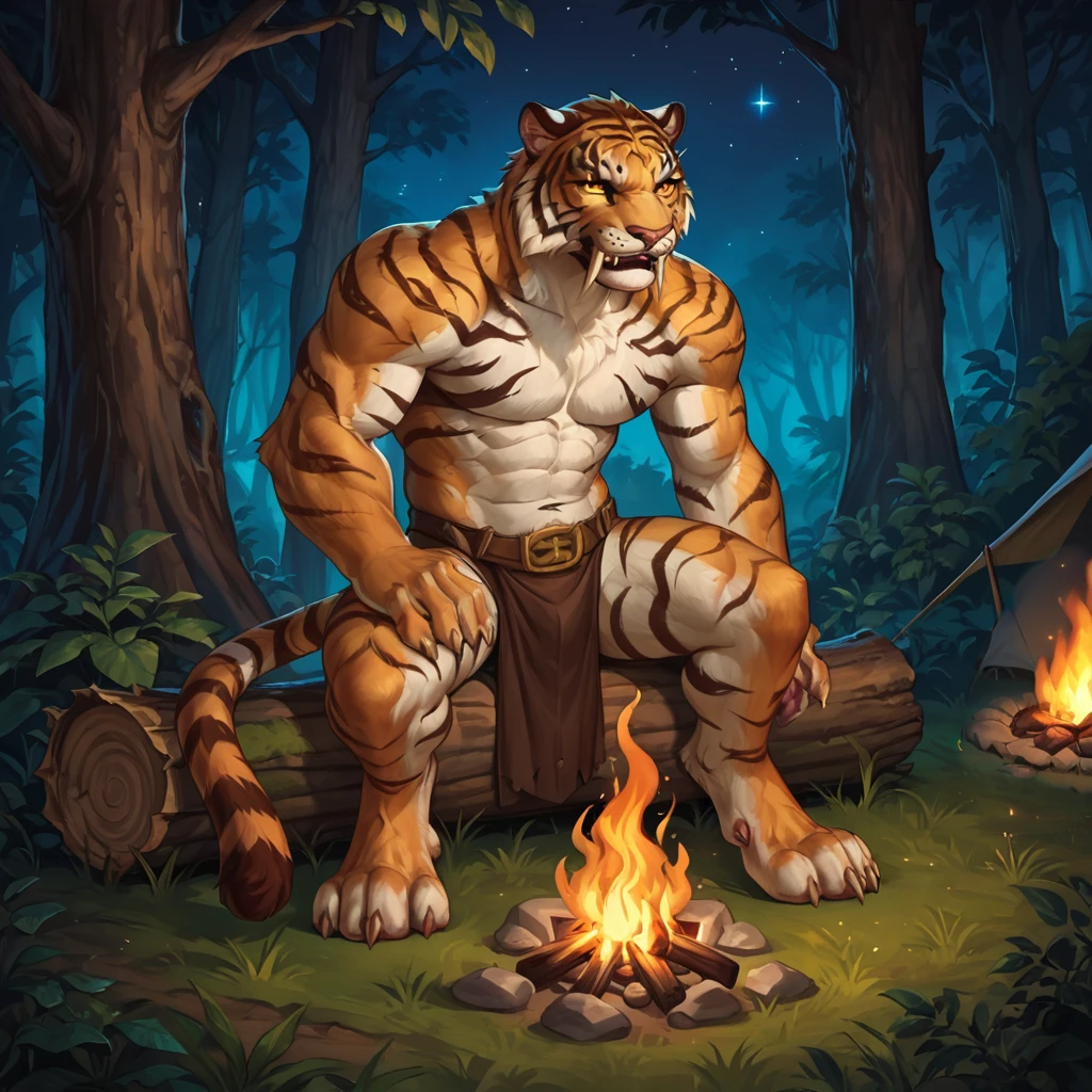 safe_pos, score_9_up,score_8_up,score_7_up,score_6_up,score_5_up,score_4_up, masterpiece, high quality, digital painting, rating_explicit, source_furry, source_monster,  zPDXL3, BREAK,
camp, tent, campfire forest, laying down, blanket,  looking at viewer, nude, penis, balls, suggestive gaze, anus, ass, exposed, anthro, tribal clothes, tribal tattoo, tribal armband,  smile, smirk, confident, cocky, (heavy blush), laying on back,
saberon, anthro, cat, fur, hair, fangs, sabertooth, tail, claws, colored sclera, yellow eyes, slit pupils, stripes, snow leopard, leopard pattern, muscular,  digitigrade,((foot behind tail)),
<lora:Saberon for PonyXL:0.7>, <lora:1dkXLP:0.25>, <lora:Nomax-20:0.3>, <lora:zaush v1 rank64 pony:0.5> <lora:AdvancedEnhancerXLv2:2>