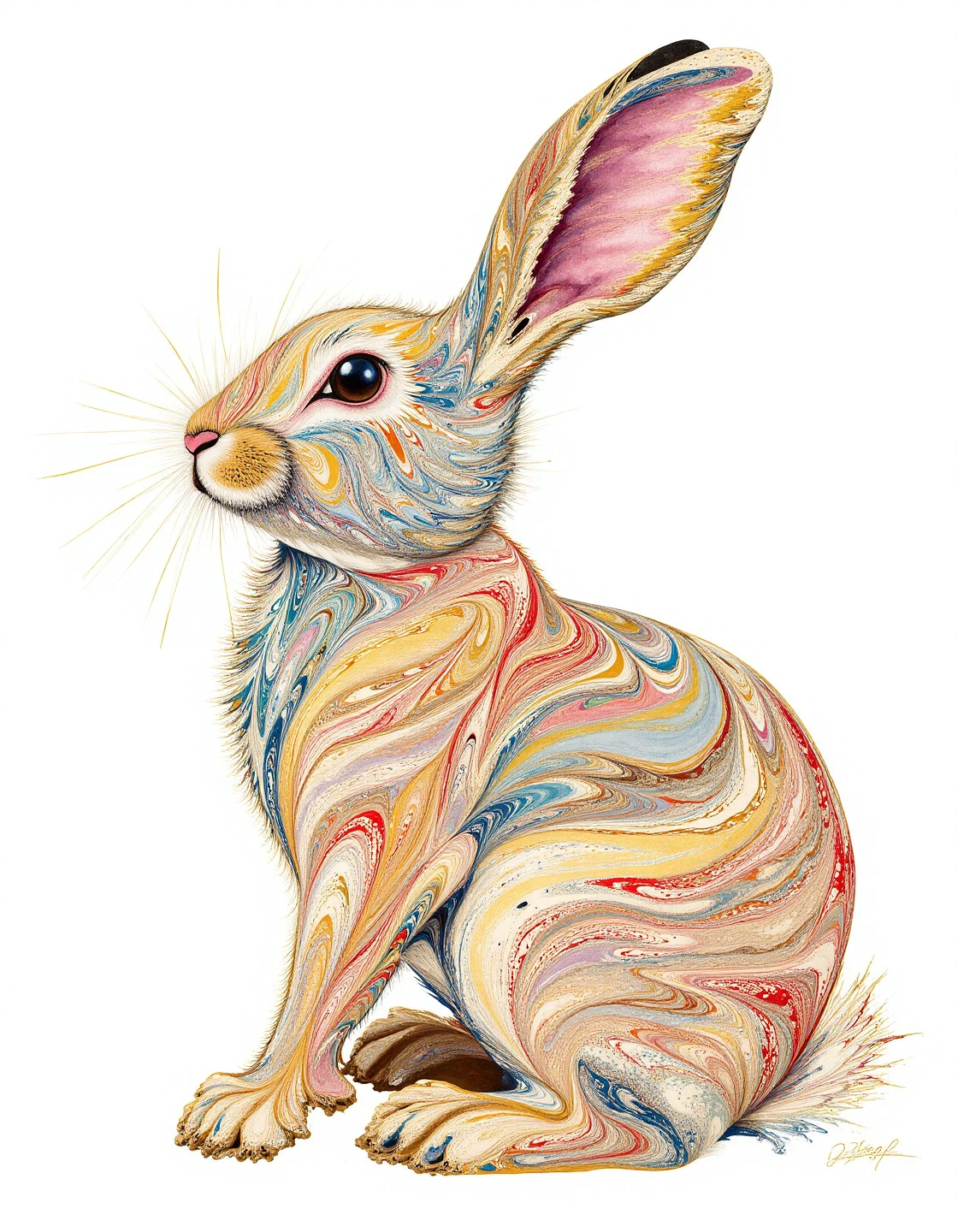 A sumptuous illustration on marbled art paper depicting rabbit made of multicoloured smoke <lora:Paper_Marbling_Flux:1>