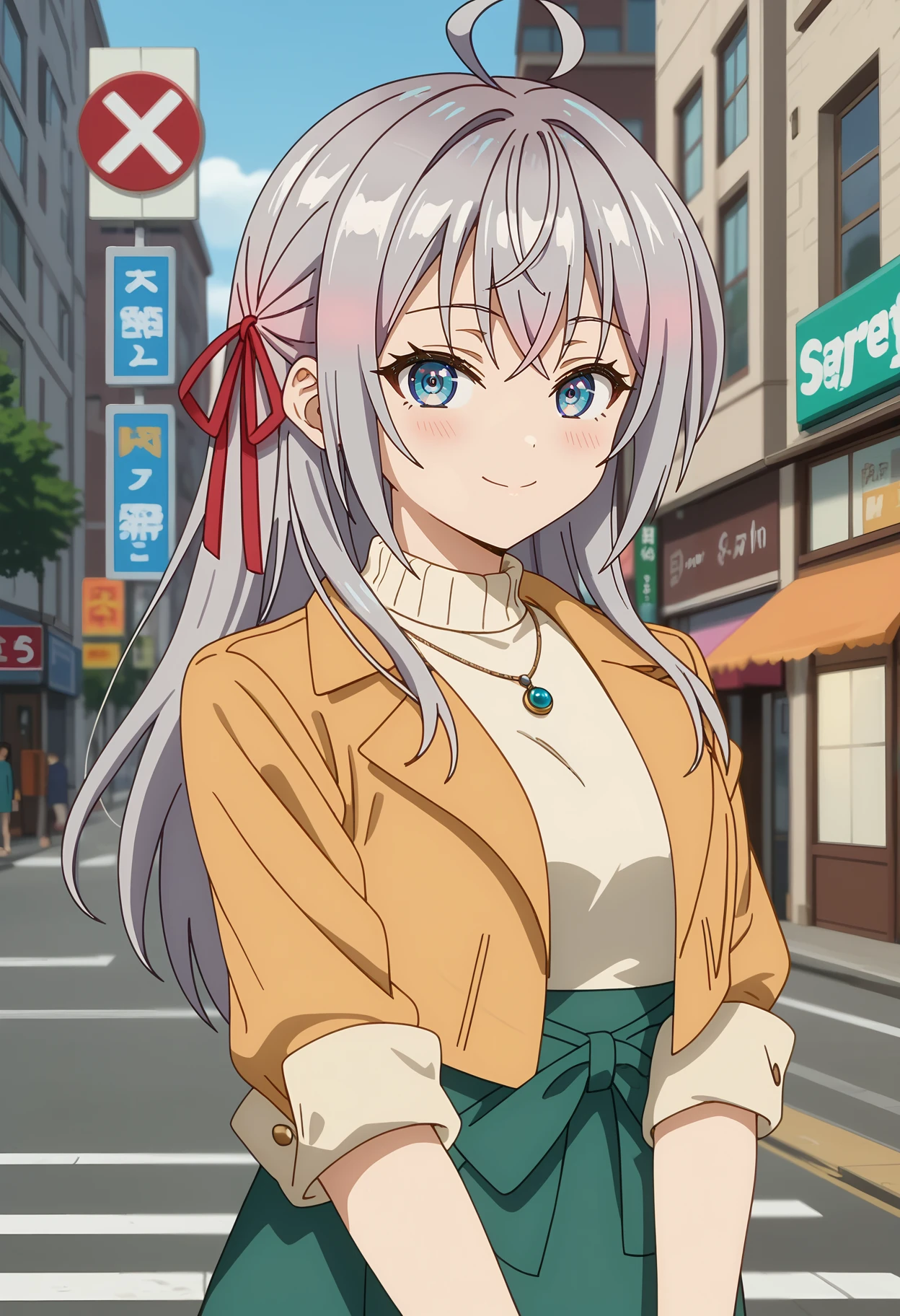 score_7_up, anime screencap, anime coloring,
<lora:Roshidere_KujouAlyaMikhailovnaXL:0.9>,
1girl, closed mouth, light smile, light blush,
long hair, grey hair, ahoge, crossed bangs, blue eyes, hair ribbon, red ribbon,
AlyaCasual, cropped jacket, yellow jacket, turtleneck, white sweater, pendant, sleeves rolled up, high-waist skirt, waist bow, green bow, green skirt,
v arms, standing, looking at viewer, cowboy shot,
blurry background, outdoors, street, cityscape