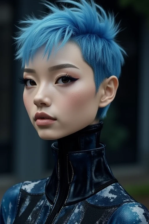 a high quality detailed photo of a woman with a blue mohawk wearing AmeshinTHERE fashion