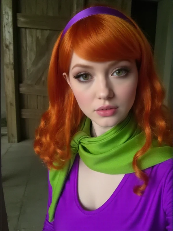 Daphne Blake,wears headband and purple dress and green scarf, closeup face portrait   <lora:Daphne_Blake:0.9>