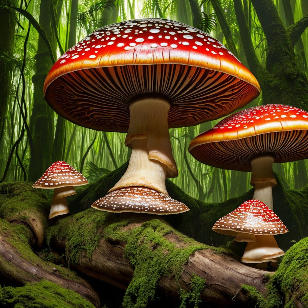 masterpiece, intricate photo, giant mushrooms in the hazy jungle, photo realistic, hyper realistic, highly detailed, sharp focus, high resolution, best quality, colorful, friendly colors, cozy outdoor lighting, 8K