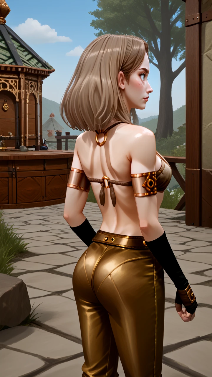 <lora:PonyXL - Kukuu - Everquest - 1999 - Epoch 10:0.75> kukuu, low_poly, eq, female, human, light gray eyes, light brown hair, medium hair, freckles, toned body, silk tied bra, gold chest ring, bare shoulders, cleavage, window cleavage, tribal arm bands, black fingerless gloves, belt, gold silk pants, from behind, ass, back of the head, source_cartoon, score_9, score_8_up, score_7_up,